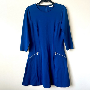 New York & Company Cobalt Blue Zipper Pocket 3/4 Sleeve Fit‎ & Flare Dress